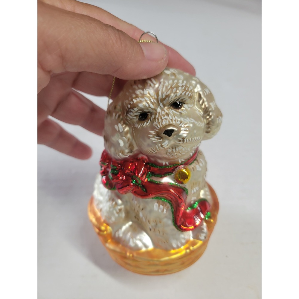 Champagne Glass Dog in Basket Christmas Ornament Poodle Doodle Red Scarf 4.5"